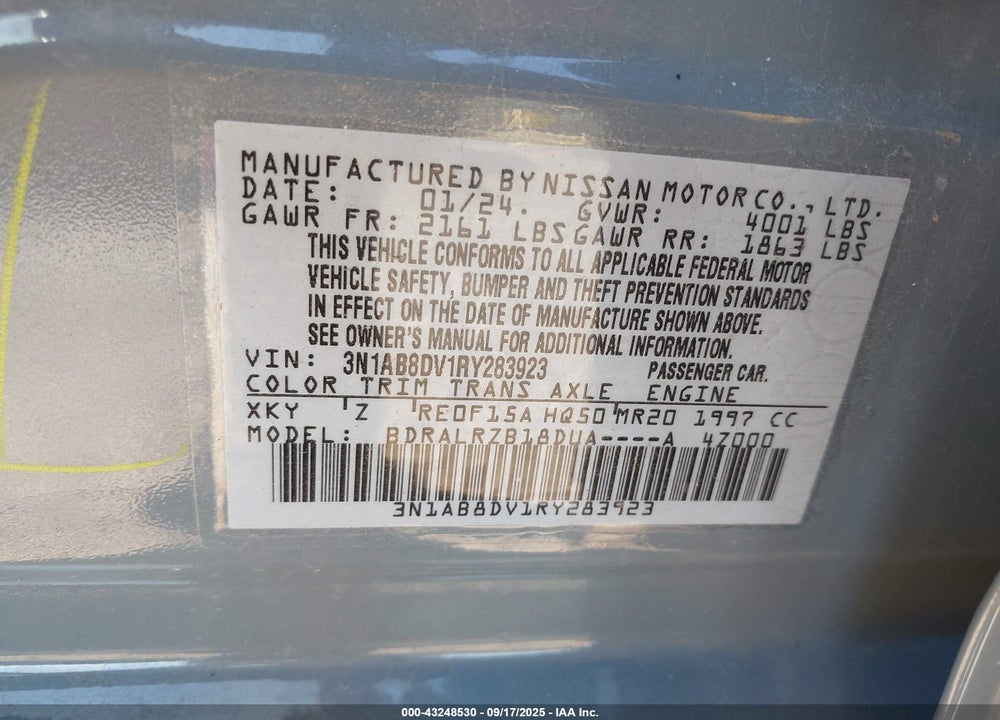 2024 NISSAN SENTRA VIN: 3N1AB8DV1RY283923