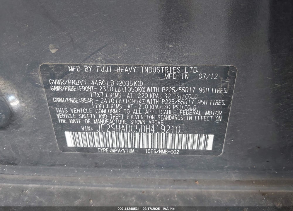 2013 SUBARU FORESTER VIN: JF2SHADC5DH419210