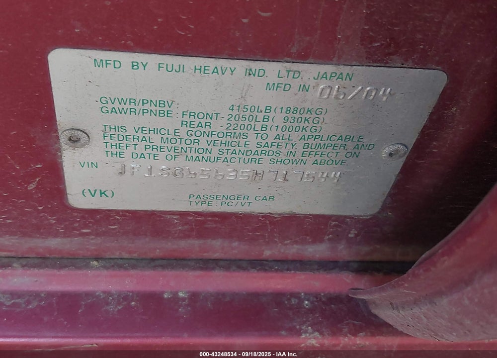 2005 SUBARU FORESTER 2.5XS VIN: JF1SG65635H717544