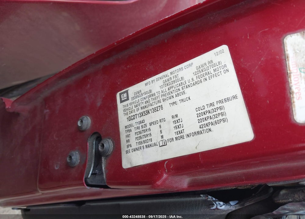 2003 CHEVROLET S-10 LS VIN: 1GCDT13X53K138276