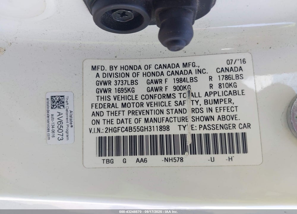2016 HONDA CIVIC LX VIN: 2HGFC4B55GH311898