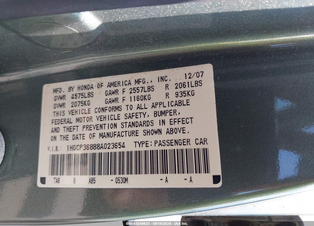 2008 HONDA ACCORD 3.5 EX-L VIN: 1HGCP36888A023654