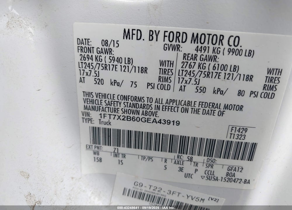 2016 FORD F-250 XL VIN: 1FT7X2B60GEA43919