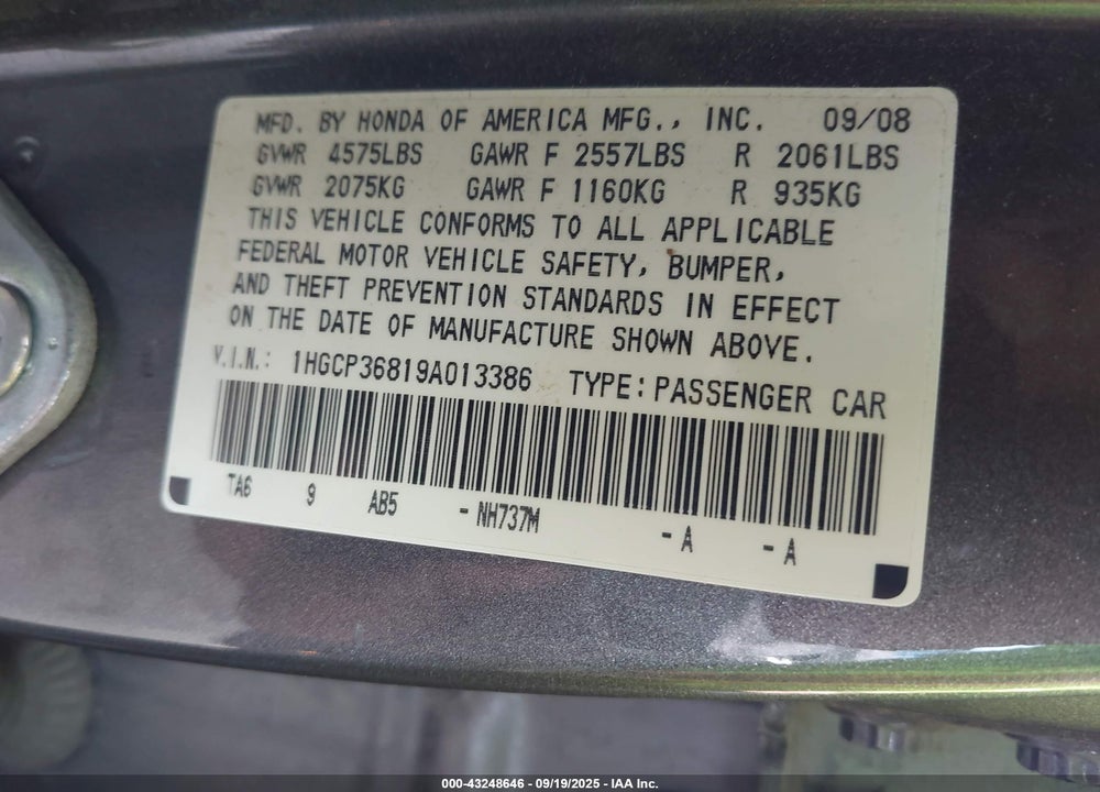 2009 HONDA ACCORD 3.5 EX-L VIN: 1HGCP36819A013386