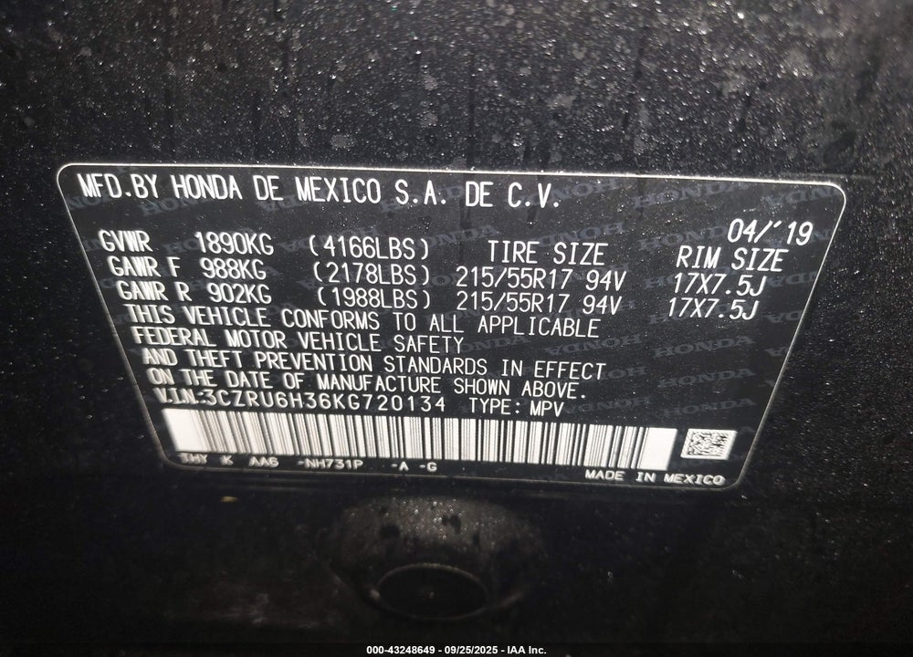 2019 HONDA HR-V VIN: 3CZRU6H36KG720134