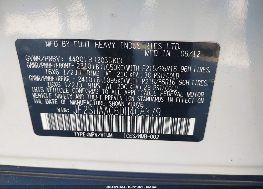 2013 SUBARU FORESTER VIN: JF2SHAAC6DH408379