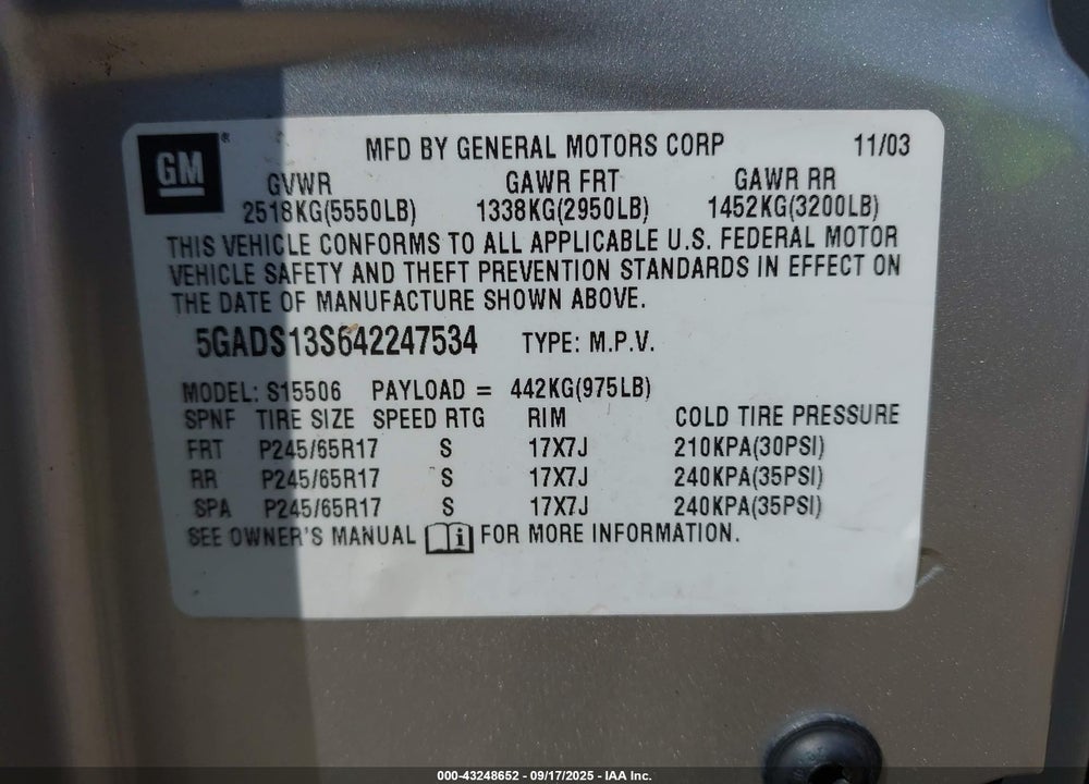 2004 BUICK RAINIER CXL VIN: 5GADS13S642247534