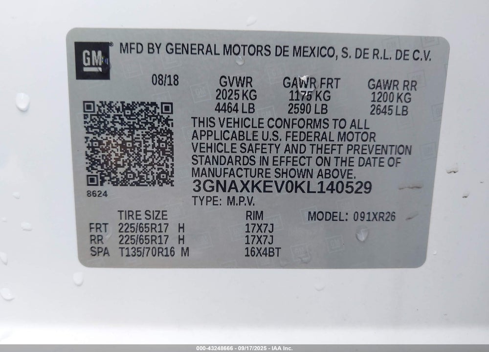 2019 CHEVROLET EQUINOX VIN: 3GNAXKEV0KL140529