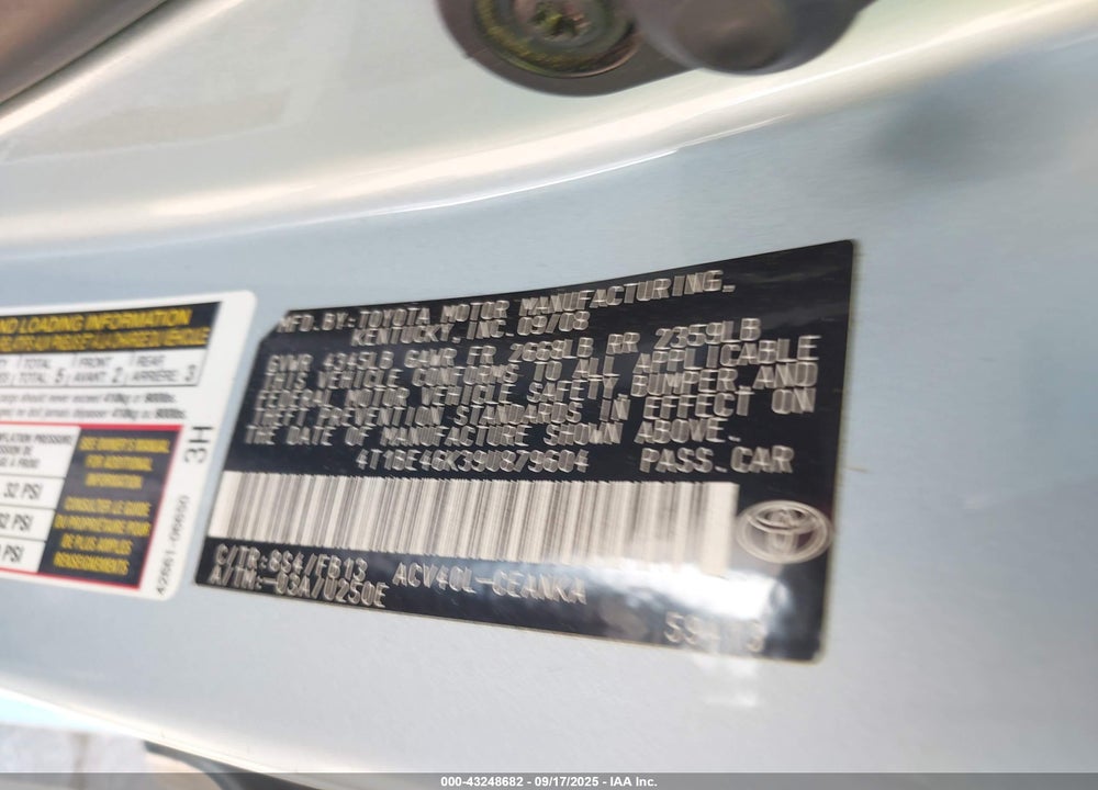 2009 TOYOTA CAMRY VIN: 4T1BE46K39U879604