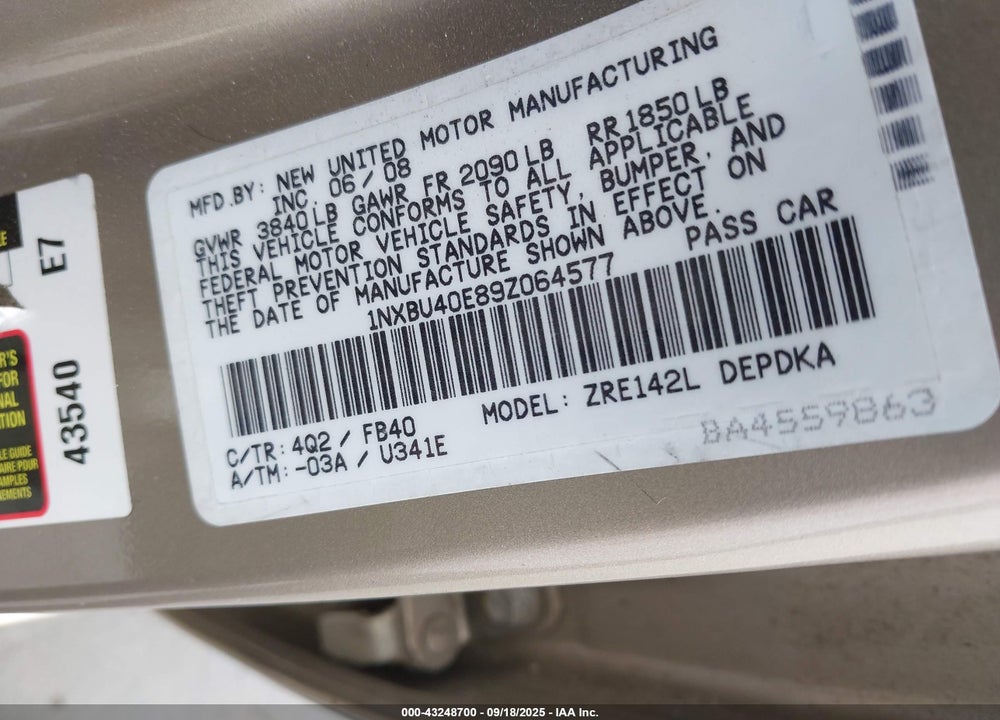 2009 TOYOTA COROLLA VIN: 1NXBU40E89Z064577
