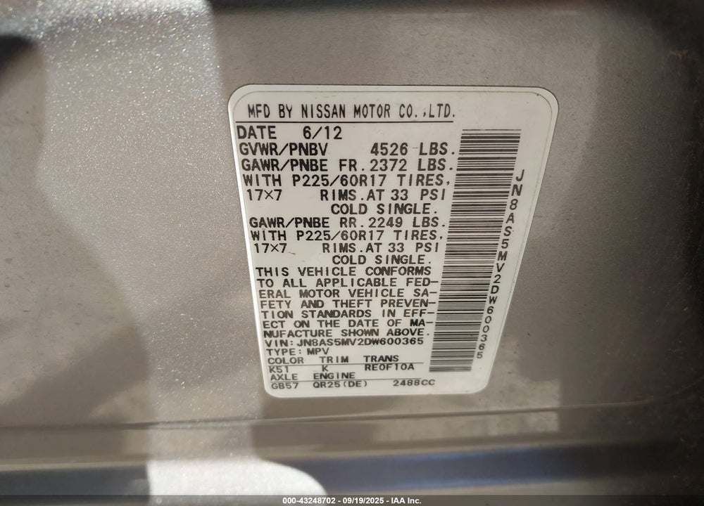 2013 NISSAN ROGUE VIN: JN8AS5MV2DW600365