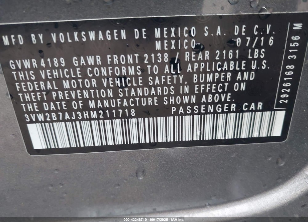 2017 VOLKSWAGEN JETTA 1.4T S VIN: 3VW2B7AJ3HM211718