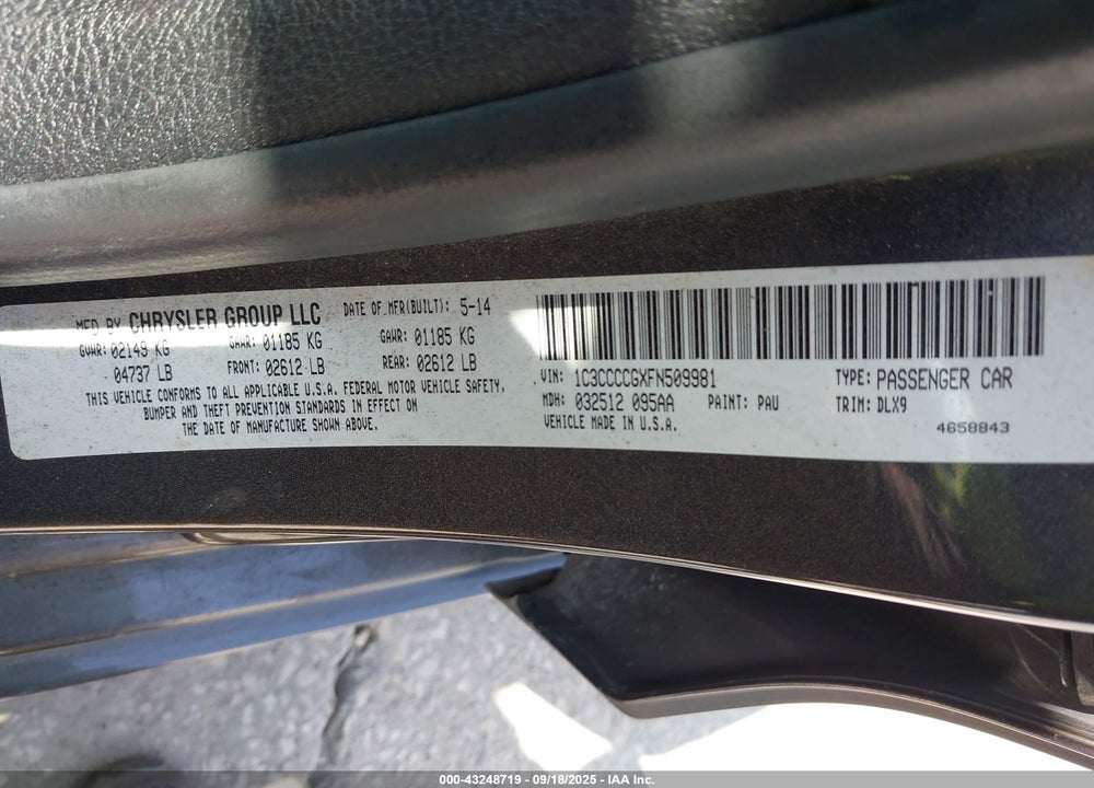 2015 CHRYSLER 200 C VIN: 1C3CCCCGXFN509981