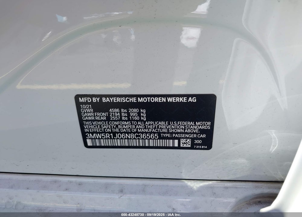 2022 BMW 330I VIN: 3MW5R1J06N8C36565