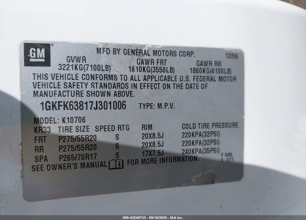 2007 GMC YUKON VIN: 1GKFK63817J301006