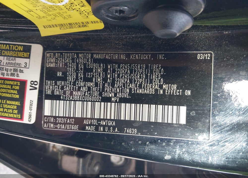 2012 TOYOTA VENZA VIN: 4T3ZA3BBXCU060002