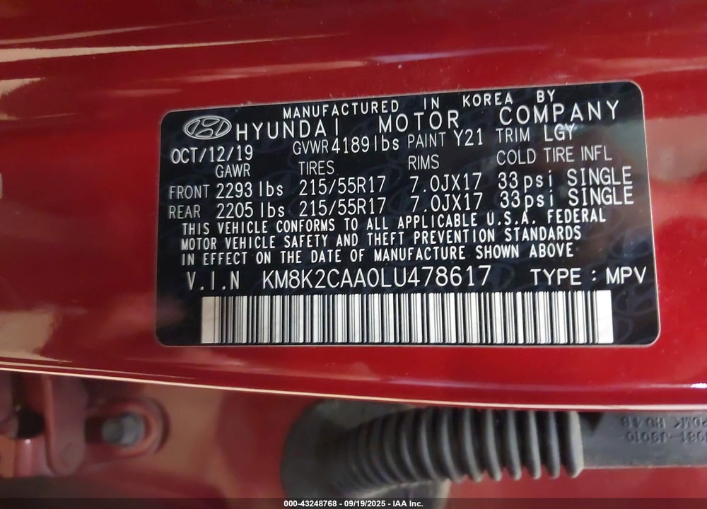 2020 HYUNDAI KONA SEL VIN: KM8K2CAA0LU478617
