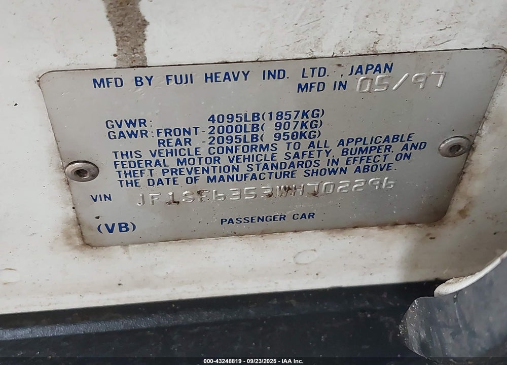 1998 SUBARU FORESTER L VIN: JF1SF6353WH702296