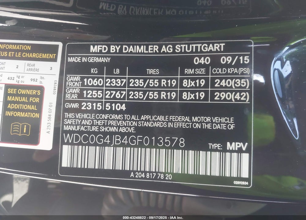 2016 MERCEDES-BENZ GLC 300 VIN: WDC0G4JB4GF013578