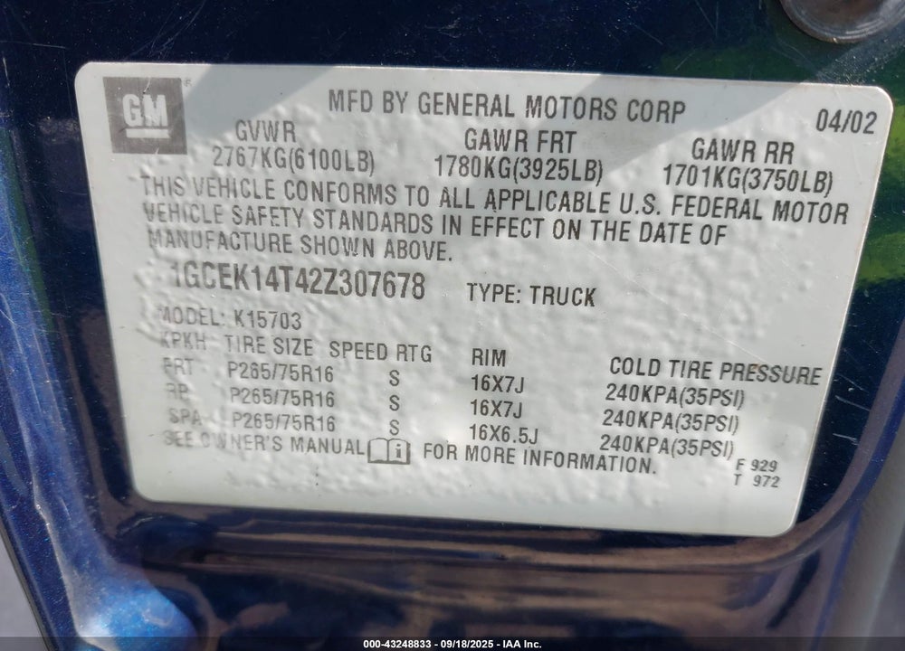 2002 CHEVROLET SILVERADO 1500 LS VIN: 1GCEK14T42Z307678