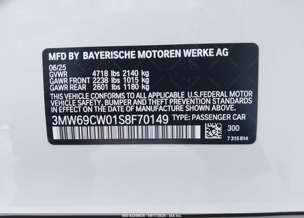 2025 BMW 3 SERIES VIN: 3MW69CW01S8F70149