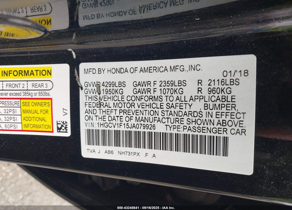2018 HONDA ACCORD VIN: 1HGCV1F15JA079926