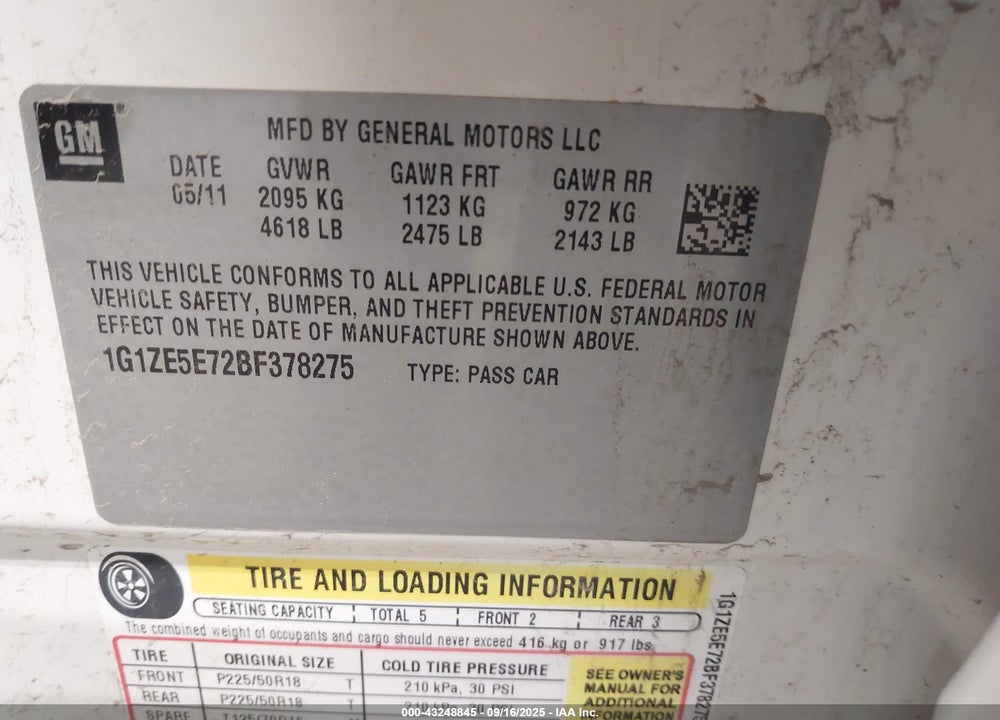 2011 CHEVROLET MALIBU VIN: 1G1ZE5E72BF378275