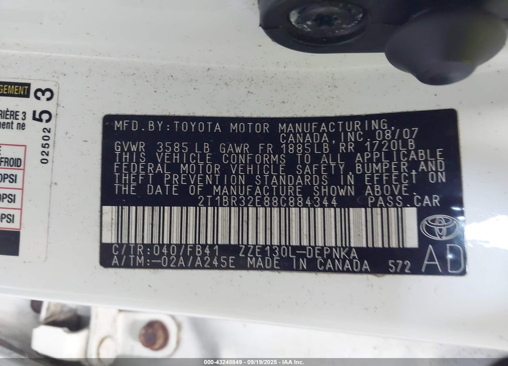 2008 TOYOTA COROLLA VIN: 2T1BR32E88C884344