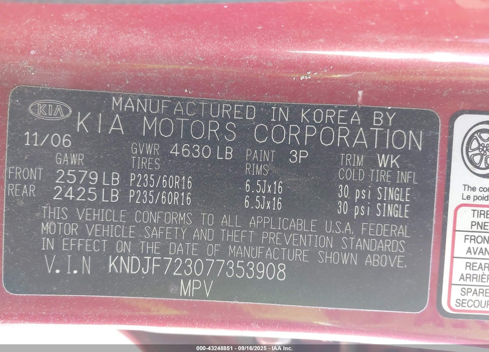 2007 KIA SPORTAGE LX V6 VIN: KNDJF723077353908