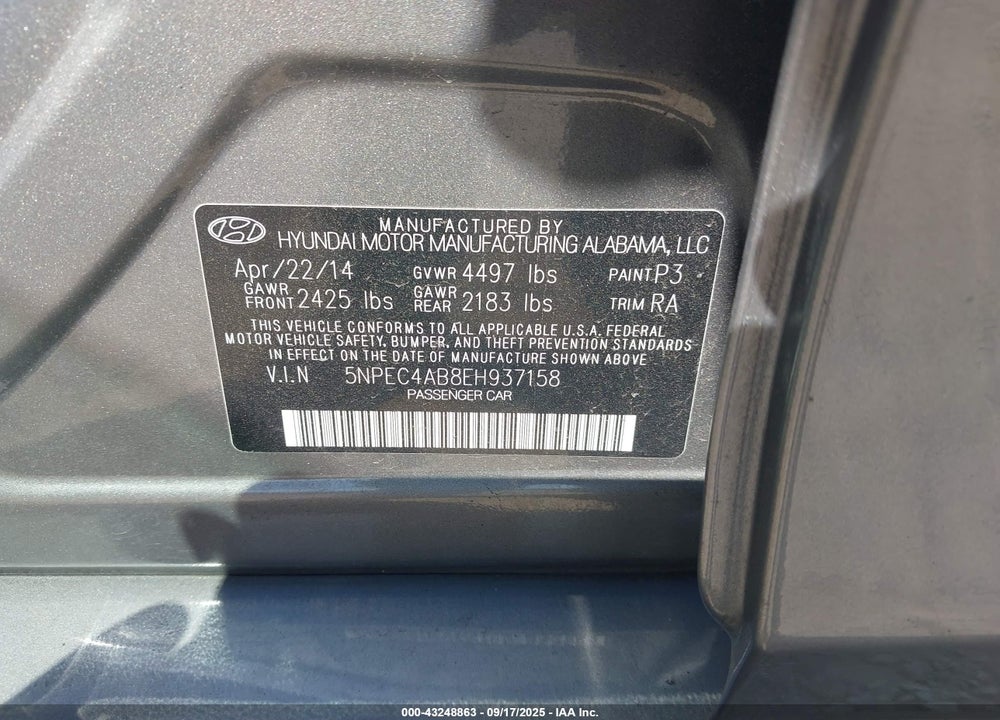 2014 HYUNDAI SONATA VIN: 5NPEC4AB8EH937158