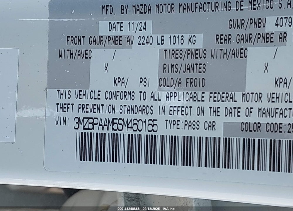 2025 MAZDA 3 2.5 S VIN: 3MZBPAAM5SM460165