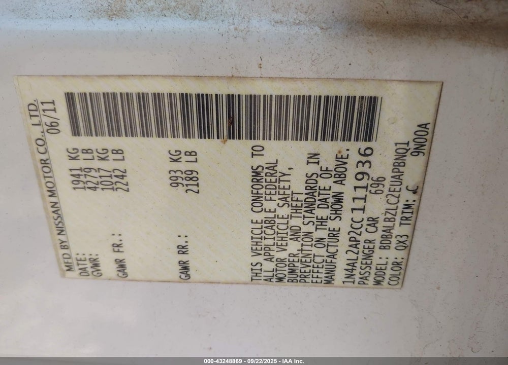 2012 NISSAN ALTIMA VIN: 1N4AL2AP2CC111936