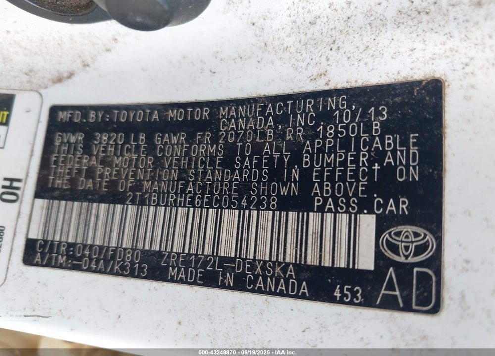 2014 TOYOTA COROLLA VIN: 2T1BURHE6EC054238