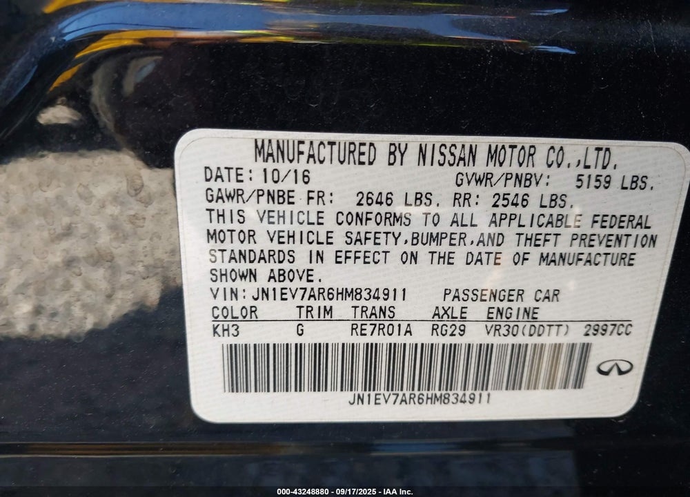 2017 INFINITI Q50 VIN: JN1EV7AR6HM834911