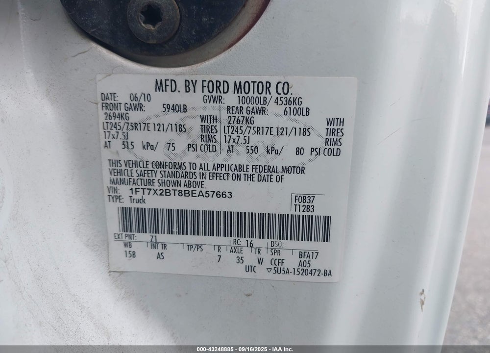 2011 FORD F-250 XL VIN: 1FT7X2BT8BEA57663