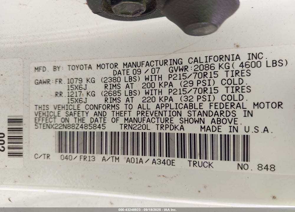 2008 TOYOTA TACOMA VIN: 5TENX22N88Z485845