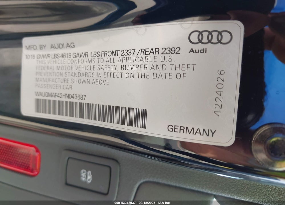 2017 AUDI A4 2.0T ULTRA PREMIUM VIN: WAUGMAF42HN043687