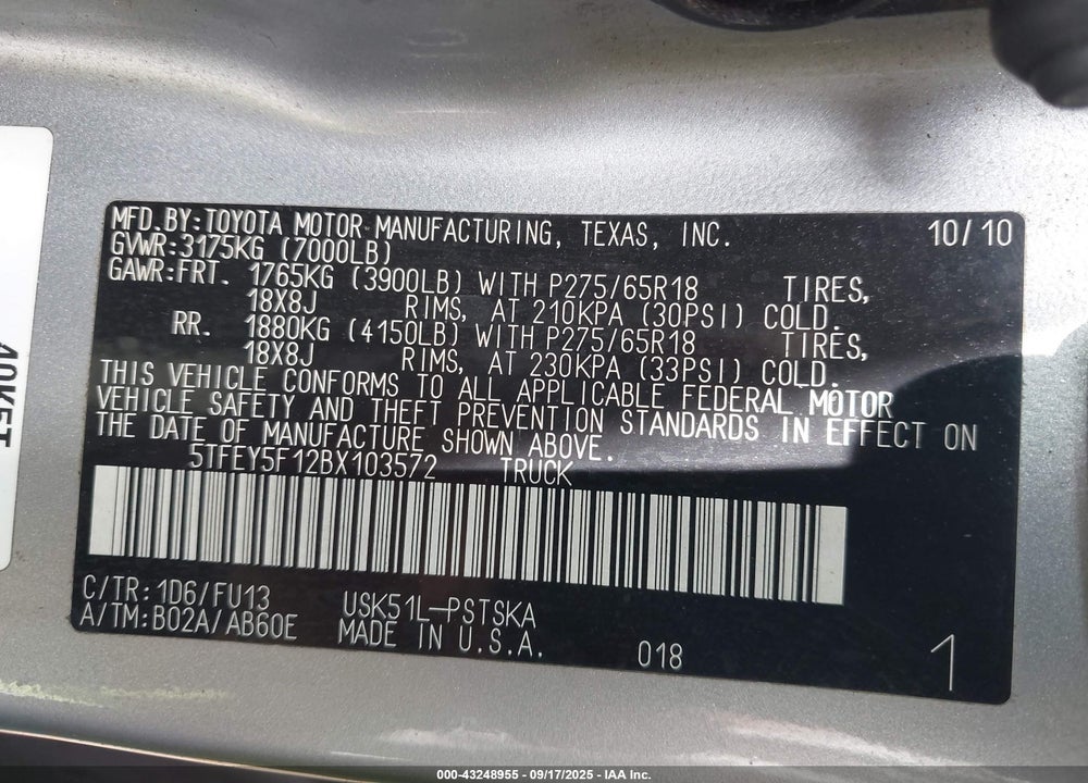 2011 TOYOTA TUNDRA VIN: 5TFEY5F12BX103572