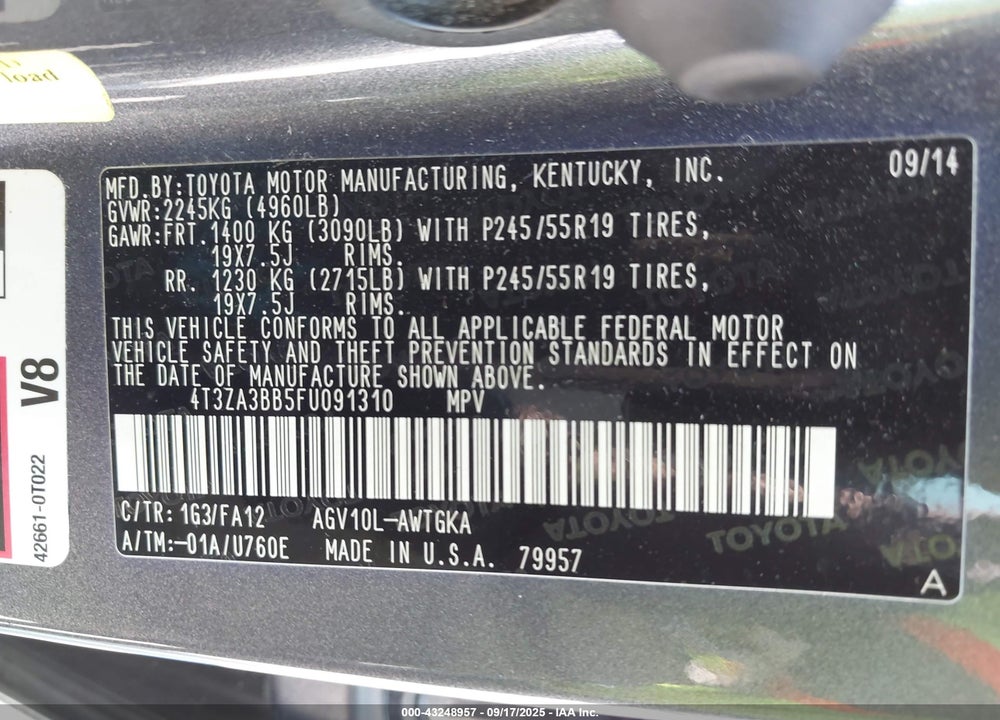 2015 TOYOTA VENZA LE VIN: 4T3ZA3BB5FU091310