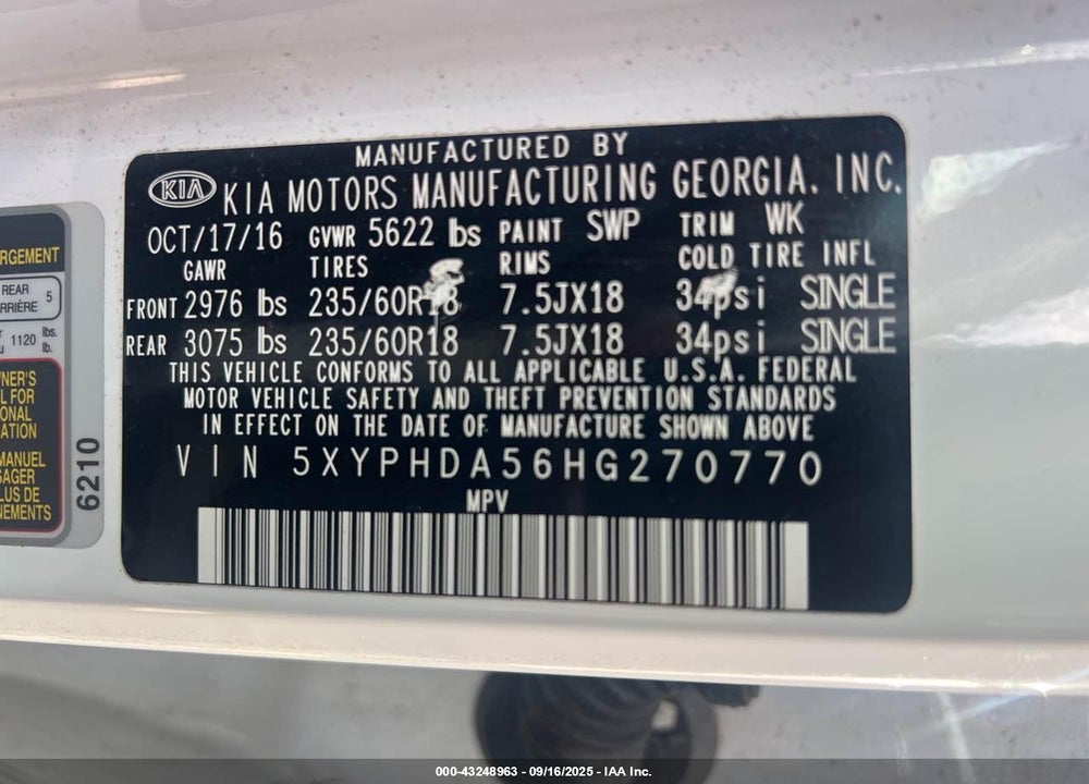 2017 KIA SORENTO VIN: 5XYPHDA56HG270770