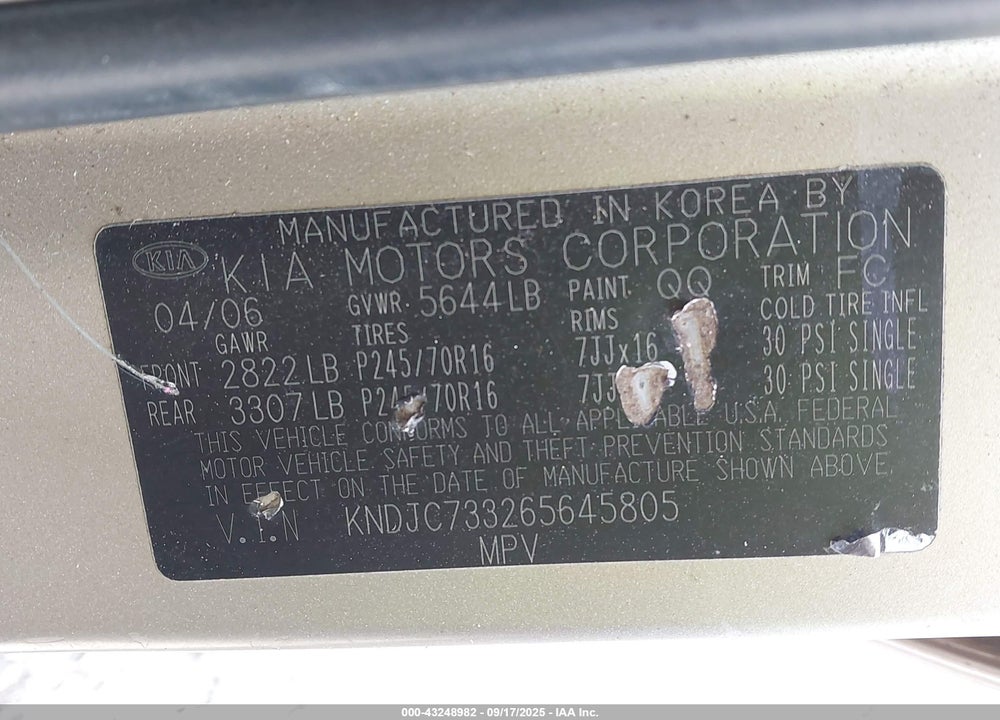 2006 KIA SORENTO EX/LX VIN: KNDJC733265645805