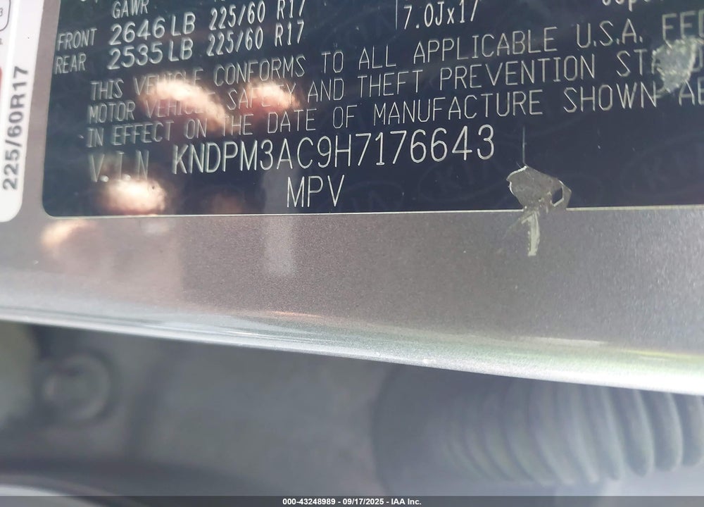 2017 KIA SPORTAGE VIN: KNDPM3AC9H7176643