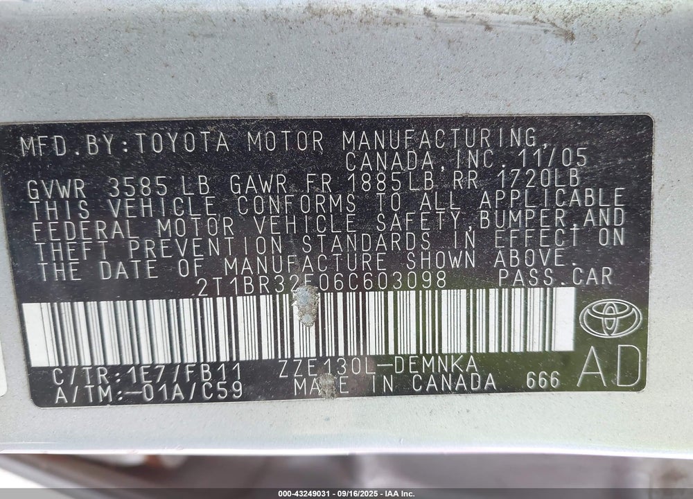 2006 TOYOTA COROLLA VIN: 2T1BR32E06C603098
