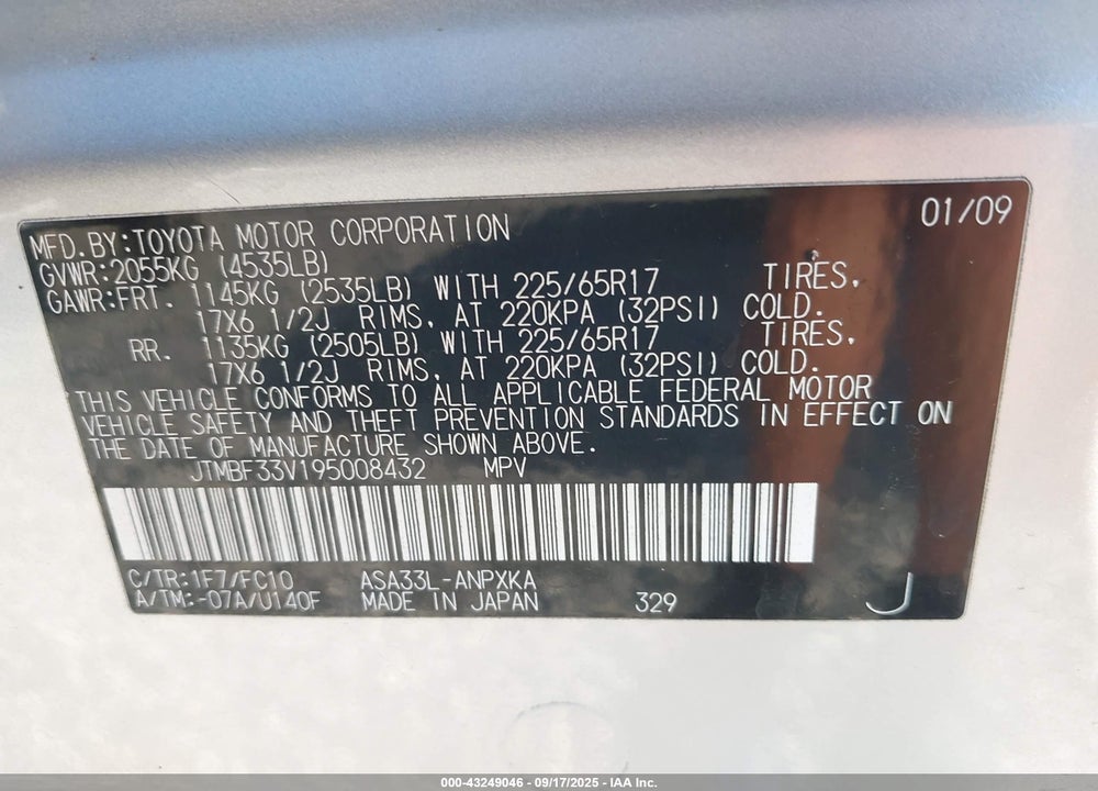 2009 TOYOTA RAV4 VIN: JTMBF33V195008432
