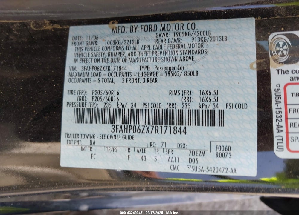2007 FORD FUSION S VIN: 3FAHP06ZX7R171844