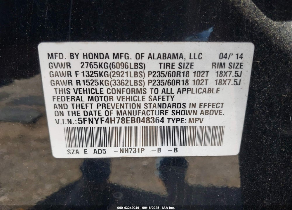 2014 HONDA PILOT VIN: 5FNYF4H78EB048364