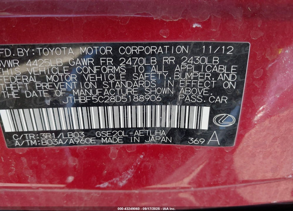 2013 LEXUS IS 250 VIN: JTHBF5C28D5188906