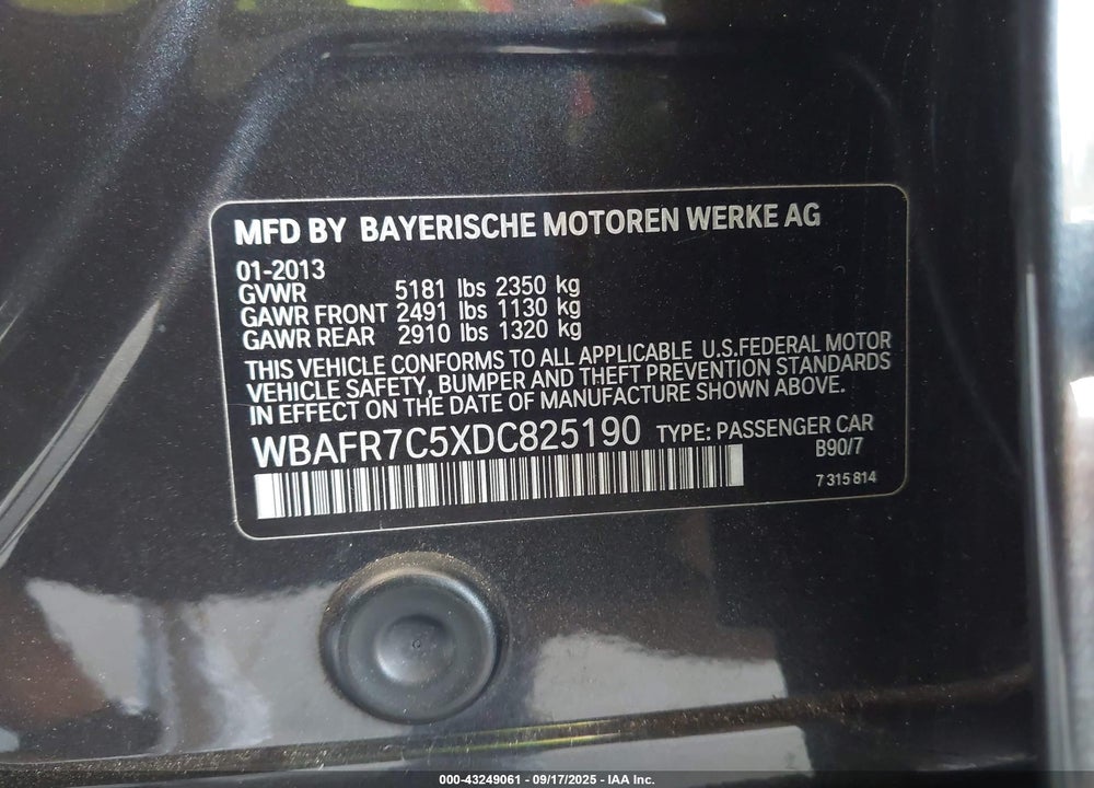 2013 BMW 535I VIN: WBAFR7C5XDC825190