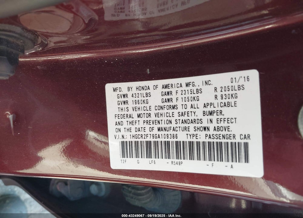 2016 HONDA ACCORD EX VIN: 1HGCR2F79GA109386