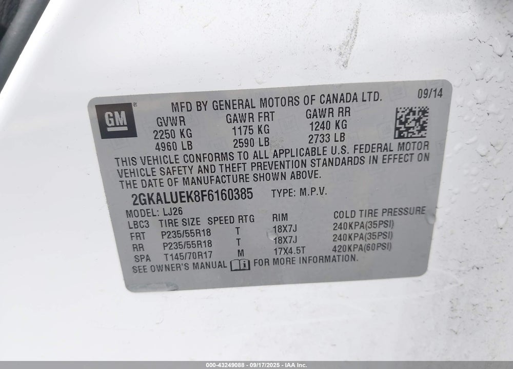 2015 GMC TERRAIN VIN: 2GKALUEK8F6160385